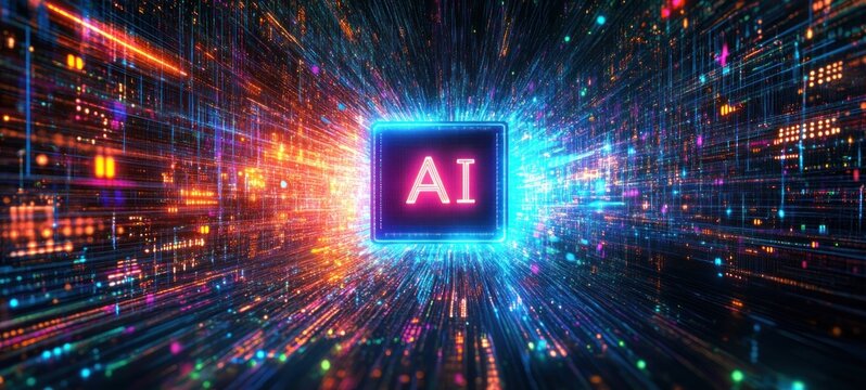 Glowing microchip with AI text at the center emitting radiant streams of colorful digital data and light particles suggesting advanced technology and data flow - Powered by Adobe