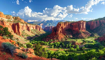 Naklejka premium Scenic Red Rock Canyon Panorama with Green Vegetation and Dramatic Sky at Zion National Park Utah