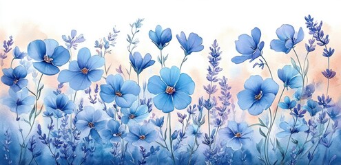 Delicate blue flowers and lavender sprigs gently swaying against a soft pastel background, evoking calmness and serenity in a watercolor style