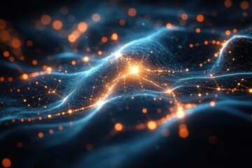 Glowing interconnected orange light nodes over a flowing dark blue mesh surface creating a dynamic network pattern with a futuristic and energetic feel