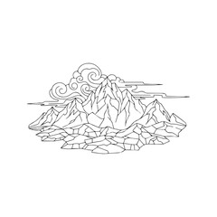 Rugged Mountain Range Icon, Minimalist Rocky Terrain with Clouds in Vector Line Art Style.
