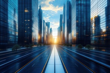 Empty modern city street at sunrise with tall reflective glass skyscrapers lining both sides and clear blue sky with clouds