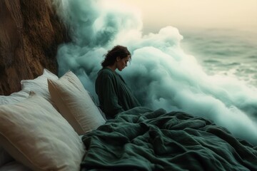 A person sitting contemplatively on a bed outdoors near a cliff edge with thick mist or smoke surrounding them and a calm sea in the background