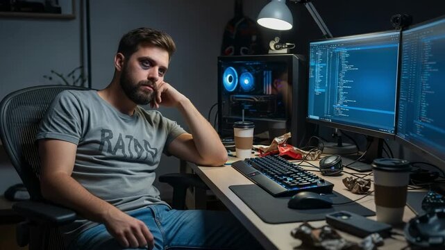 Exhausted young adult male programmer working late at night in a dimly lit home office, experiencing burnout and fatigue from intense coding session.