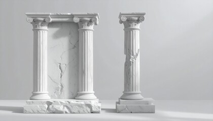 Obraz premium Elegant ancient columns with cracked marble backdrop symbolize history and strength in minimalist studio setting