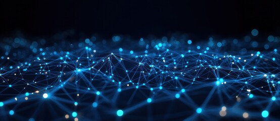 Fototapeta premium Abstract digital network of interconnected glowing blue nodes and lines forming a web-like structure on a dark background, representing data connectivity and complex communication