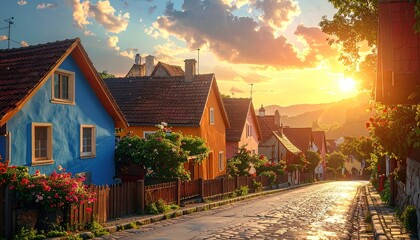 Scenic Village Street at Sunset with Vibrant Houses and Cobblestone Road Under Glowing Warm Light