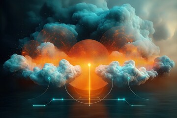 Futuristic digital clouds surrounding a glowing orange sphere with interconnected blue circuit lines under a dramatic cloudy sky