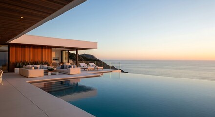 Ocean View Infinity Pool at Luxury Modern Villa at Sunset