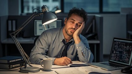 Tired Caucasian businessman in his 30s-40s sleeping at his desk in a dimly lit office late at night, surrounded by work documents and a laptop. - Powered by Adobe