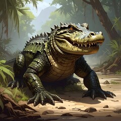 A large, armored crocodile in a jungle