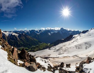 Panoramic mountain vista, sunny day