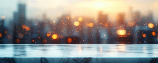 Obraz premium empty polished marble countertop with warm glowing bokeh lights and blurred city skyline in soft golden sunset light