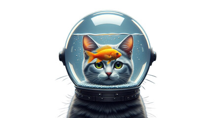 Cat wearing a space helmet with a goldfish on its head against blue background.