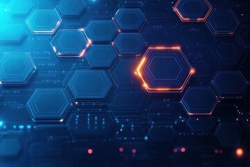 Futuristic digital hexagonal grid with glowing blue and orange elements on a dark background conveying advanced technology and innovation