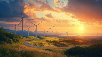 Scenic landscape of rolling hills with wind turbines under a dramatic sunset sky with vibrant clouds and a winding road through green fields