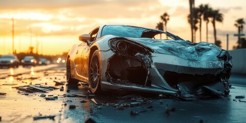 Damaged sports car with crushed front end and shattered parts scattered on wet road at sunset