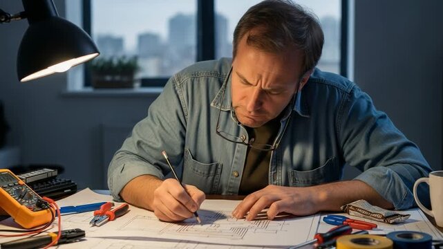 Middle-aged Caucasian man intently drawing on a blueprint at his desk in an evening setting, surrounded by engineering tools and equipment.