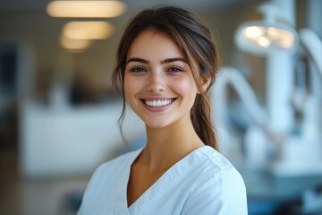 Naklejka premium Young woman in light blue medical scrubs smiling warmly in a bright professional environment