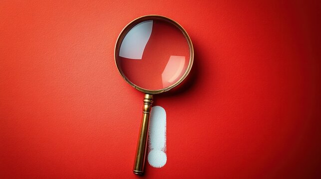 A magnifying glass highlighting a white exclamation mark on a bright red textured background symbolizing focus and urgency