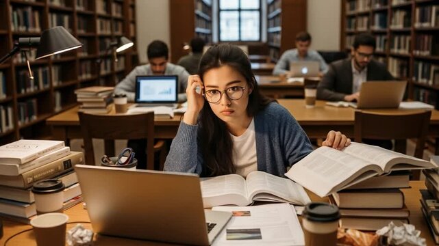 Stressed young Asian woman with glasses studying hard in a university library, surrounded by books and a laptop, feeling overwhelmed by academic pressure.