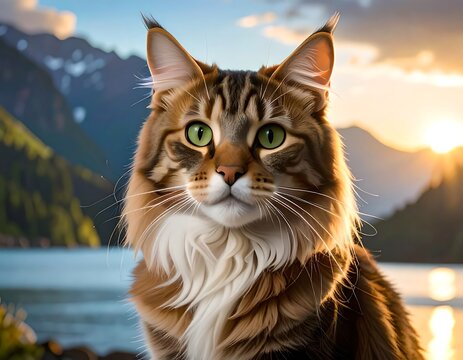 Majestic Maine Coon Cat in a Scenic Landscape - Powered by Adobe