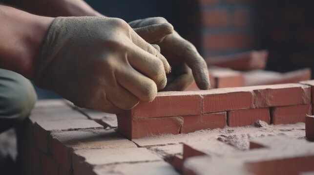 Bricklayers Hands Carefully Laying Red Bricks in Precise Formation, Building a Wall.
