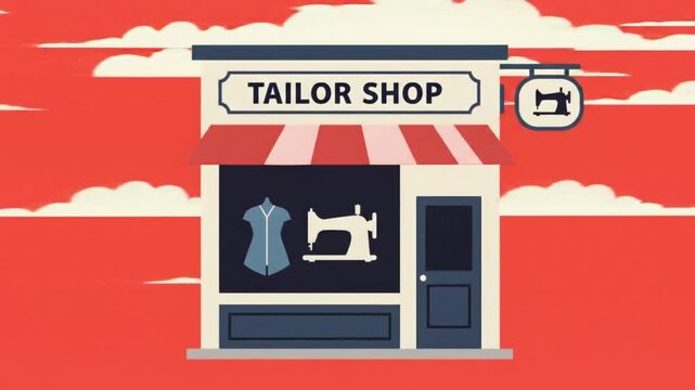 Tailor shop storefront illustration with sewing machine icon and clothing display in flat design style