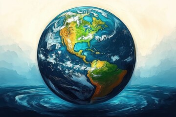 Fototapeta premium Vibrant painted representation of Earth focusing on the Americas surrounded by swirling blue ocean and soft shaded sky background