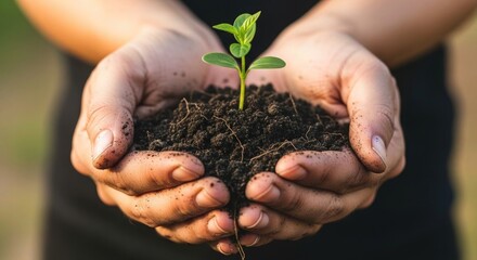 Nurturing new life a tender touch: hands holding a seedling in soil, symbolizing growth, hope, and environmental stewardship for a sustainable future in your projects