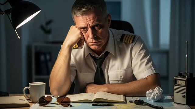 Exhausted middle-aged Caucasian pilot in uniform resting his head on his hand at a dimly lit desk, surrounded by flight planning equipment and a logbook late at night.