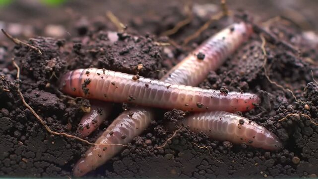 Captivating Close-Up of Pale Pink Compost Worms in Rich Brown Soil Perfect for Agricultural Studies Vermiculture Projects and Ecological Awareness Campaigns Featuring Earthworms