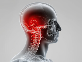 Skull and cervical spine x ray style side view with highlighted red pain area in neck and head suggesting cervical injury or inflammation, medical illustration showing vertebra and skull anatomy