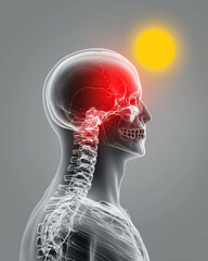 X ray skull and cervical spine with highlighted temple pain and glowing sun symbolizing headache and migraine, medical anatomy illustration showing pain area and nervous structure