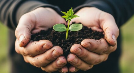 Tender hands gently hold a vibrant green seedling sprouting from rich soil, symbolizing growth, hope, and the promise of a sustainable future, ideal for eco-conscious brands