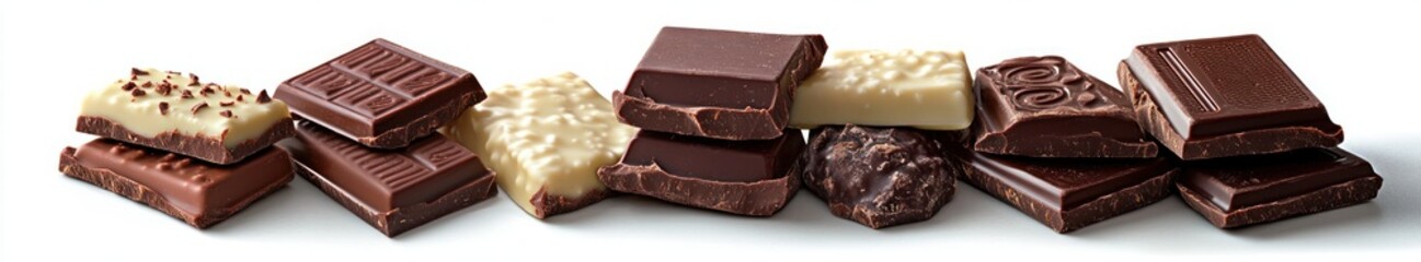 Assortment of stacked milk, dark, and white chocolate pieces with various textures and toppings on a white background