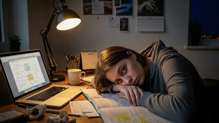 Exhausted young female student sleeping on a textbook at her desk late at night, surrounded by study materials and a laptop. - Powered by Adobe