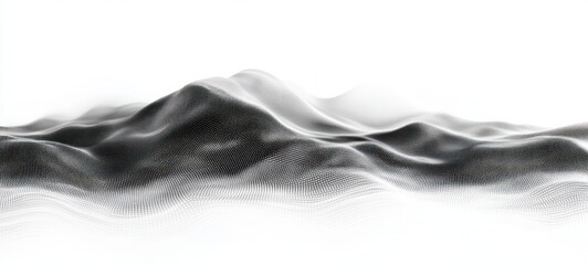 Abstract black and white digital landscape with smooth flowing waveforms and dotted texture creating a futuristic mountainous scene