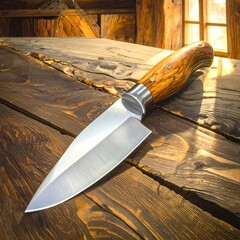 A kitchen knife on a rustic wooden table, bathed in sunlight