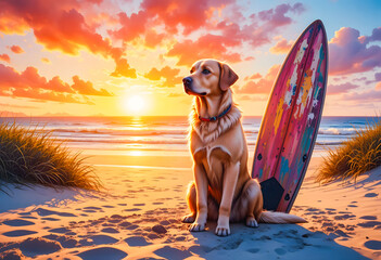 A professional watercolor painting of a loyal Golden Retriever at sunset, with a stunning backlit effect and a vivid, colorful sky.