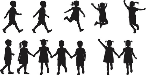 Children silhouettes walking, holding hands, jumping, playing together, black vector figures, happy kids, outdoor activity, childhood fun, lifestyle illustration, teamwork concept