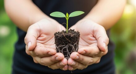 Nurturing new beginnings, a delicate green seedling with exposed roots held gently in caring hands, symbolizing growth, hope, and a sustainable future in soft natural light.