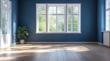 Obraz premium Bright empty room with large windows letting in natural light, blue walls, wooden floor, white door, a green potted plant in the corner creating a calm and airy atmosphere