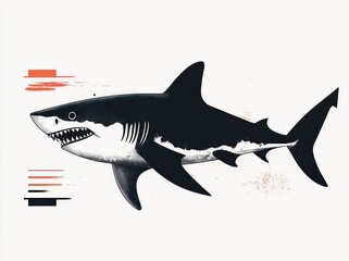 Obraz premium Illustration of a fierce shark with open mouth showing sharp teeth, minimalistic design with black, white, and orange abstract elements