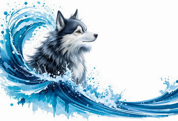A vibrant art print of a Siberian Husky in a dynamic ocean wave, with a clean, white background and a focus on realistic texture.

