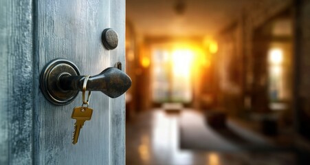 Close-up of an old metal door handle with a key inserted, leading into a warmly lit room with sunlight streaming through large windows, creating a cozy and inviting atmosphere