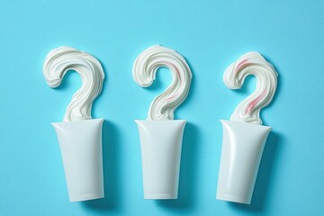 Three white tubes with white cream shaped into question marks with slight red streaks on a bright blue background expressing uncertainty or curiosity