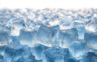 Close-up view of translucent ice cubes stacked together, reflecting light with a cool and refreshing atmosphere