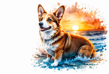 A beautiful sunset serenity captured in a stunning watercolor splash artwork featuring a cute Corgi.
