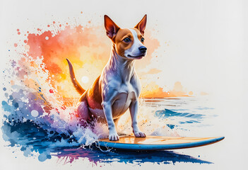 A professional animal illustration of a brave dog on a surfboard, with beautiful watercolor splashes.
